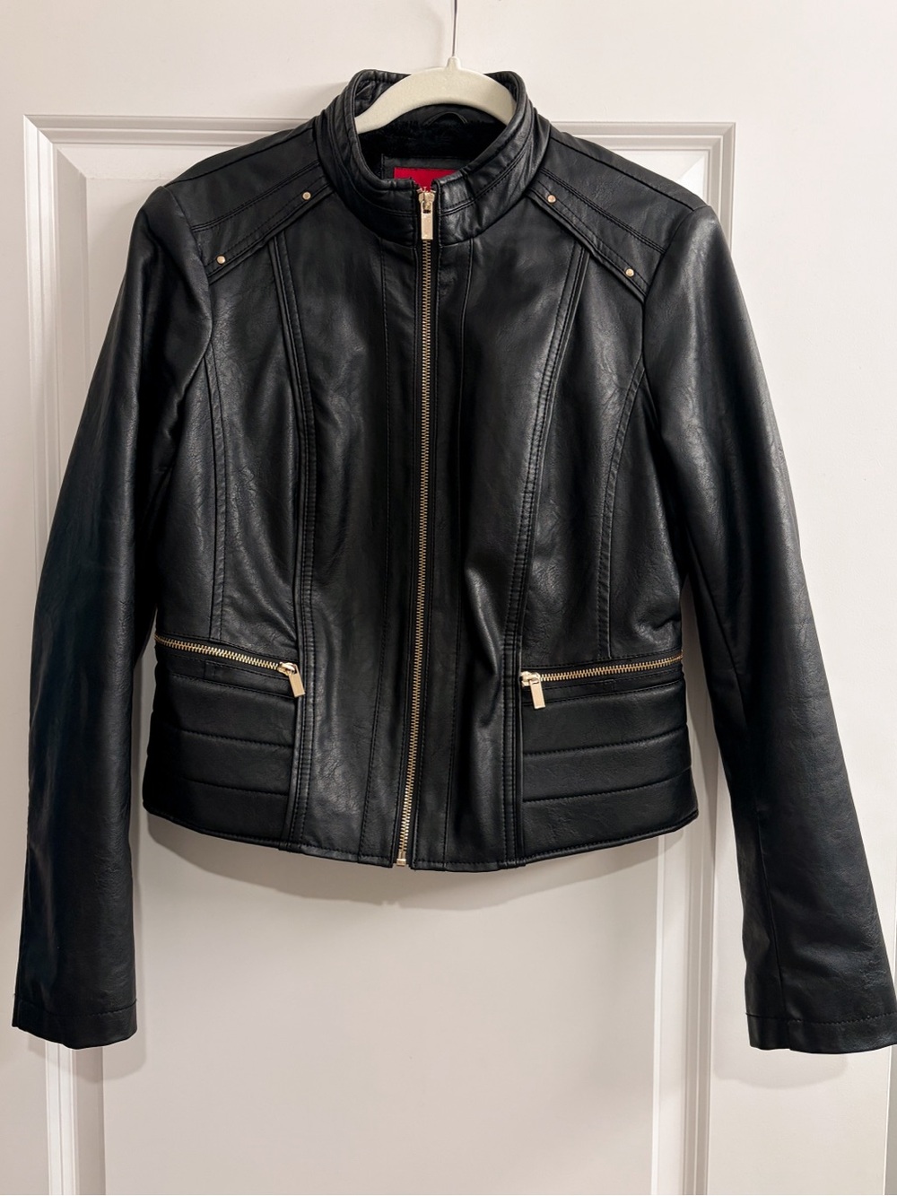 Guess faux leather fur lined moto jacket with gold accents